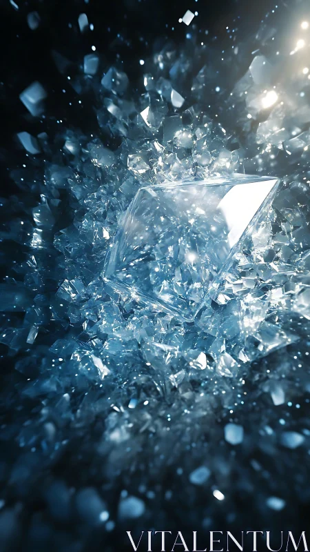 Shattered ice crystal explodes through dark blue void