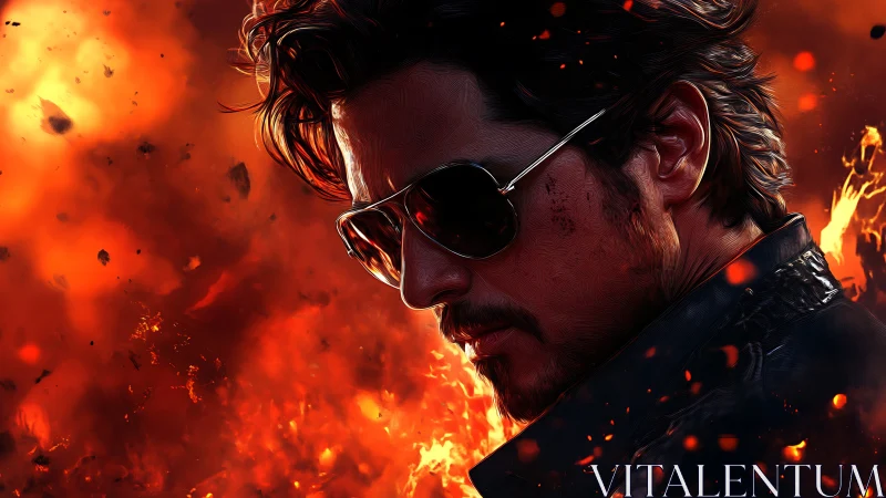 Brooding action hero walks through blazing inferno backdrop.