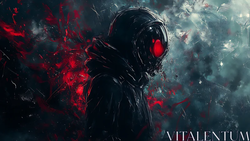 Hooded red visor silhouette in abstract crimson haze.