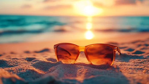 Sunlit sunglasses bask in molten shoreline sunset glow.