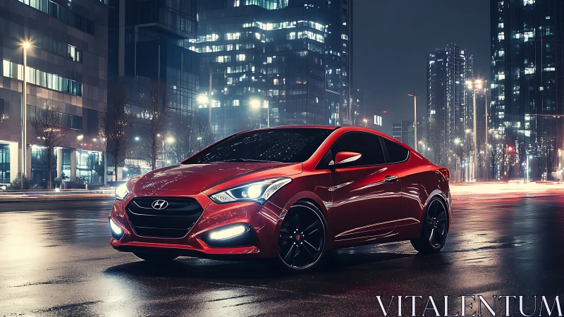 Red Hyundai coupe is positioned on wet urban street at night