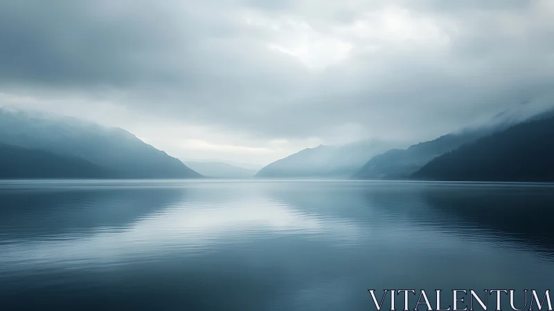 Mist-laden fjord panorama with glassy blue water surface.