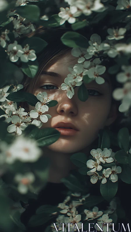 Floral occlusion portrait with cinematic depth of field rendering.