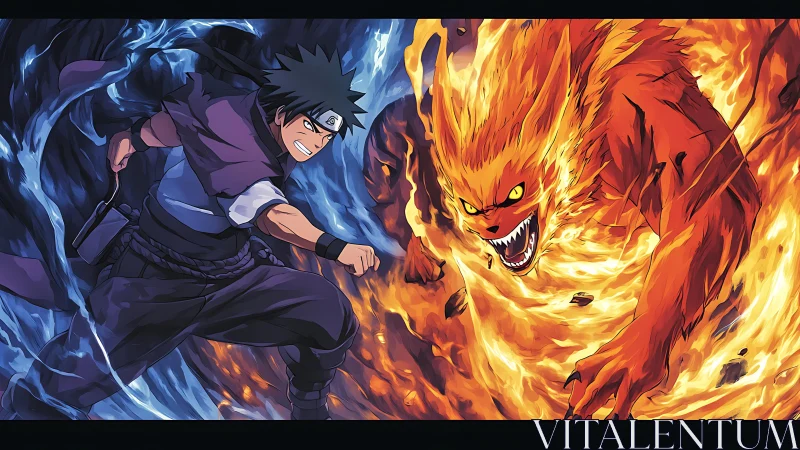 Ninja charges fiery beast amid swirling blue and orange energy