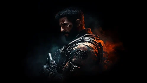 Battleworn tactician smolders in ember-lit combat shadow.