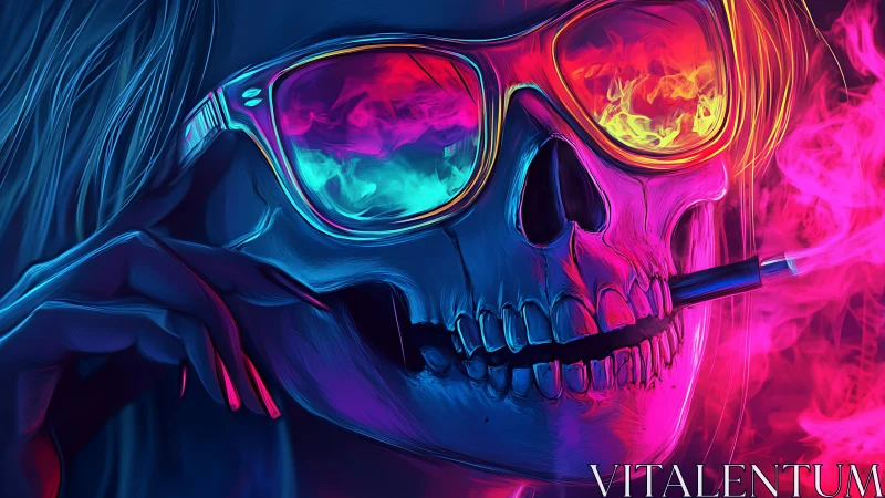 Neon skull portrait with vapor glass reflections and smoke