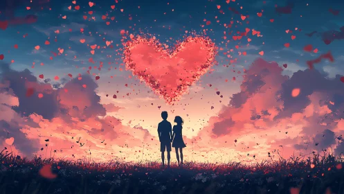 Two silhouettes beneath glowing heart-shaped particle formation at sunset.