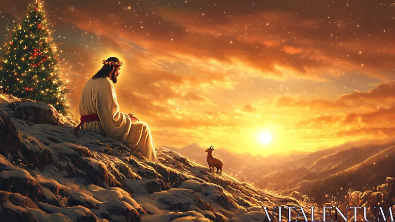 Sunlit winter ridge with robed figure, deer and lit tree at dusk