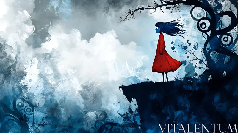 Solitary figure in red dress on dark cliff edge at dusk.