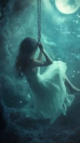 Submerged moonlit girl on chain swing rendered in ethereal hues