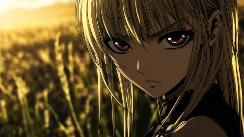 Brooding anime heroine in backlit golden wheat field.