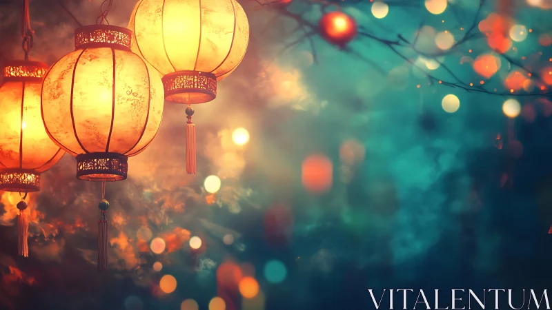 Luminous paper lanterns with teal bokeh festival background.