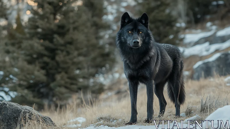 Black wolf stands alert in a snowy mountain clearing.
