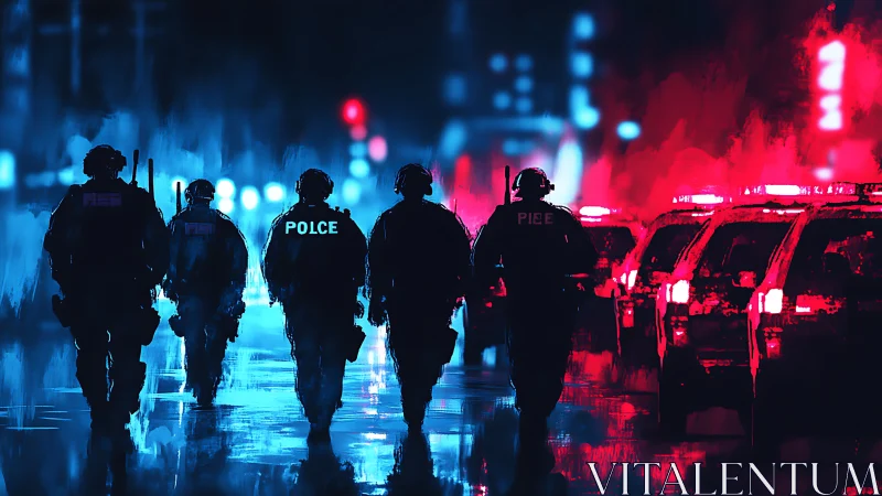 Backlit police squad advances through neon lit wet urban street