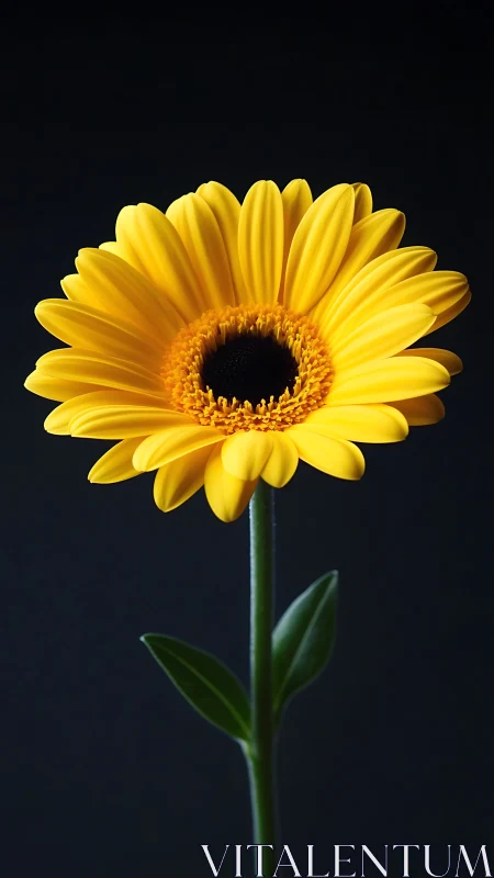 Single yellow gerbera daisy on dark studio background.