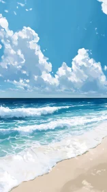 Coastal surf under cumulus sky in luminous digital seascape.