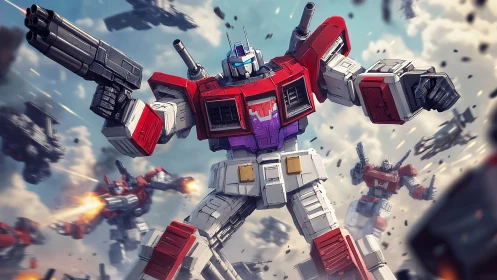 Heroic battle mech charges through swirling skyfire.