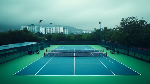 Misty morning tennis court waiting for the first friendly serve.