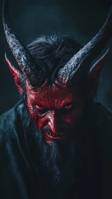Brooding horned demon gazing out from deep shadowed gloom.