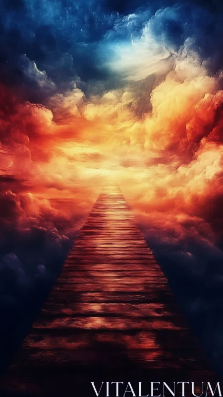 Chromatic ascent along a vanishing wooden causeway in clouds.