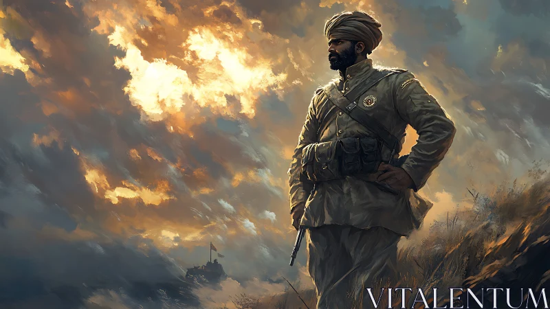Gallant turbaned soldier stands strong beneath blazing skies