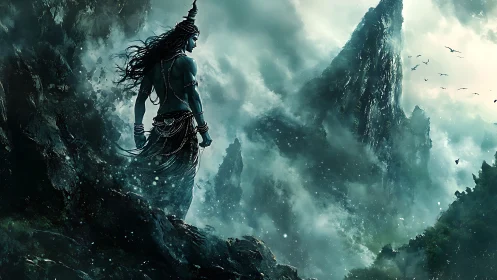 Mythic blue deity surveys storm-lashed mountain realm.