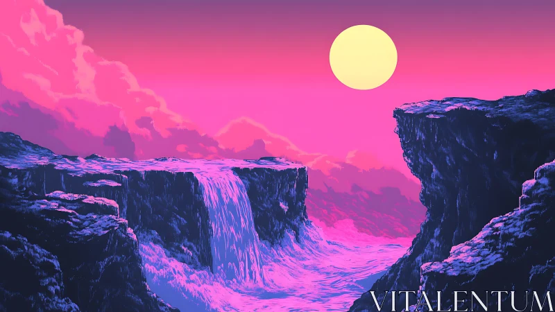 Neon-lit alien canyon waterfall unfolds beneath synthetic sun