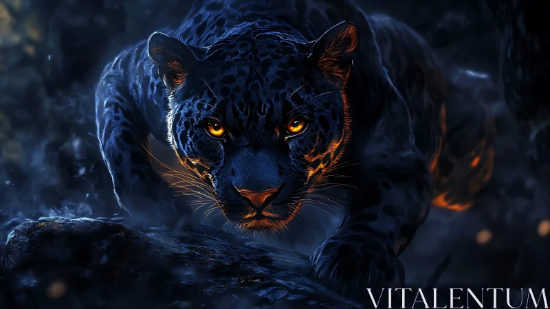 Black Panther with Luminous Golden Eyes in Dark Atmospheric Rendering