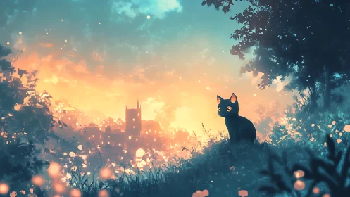 Black Cat's Golden Hour Vigil Among Enchanted Wildflowers.