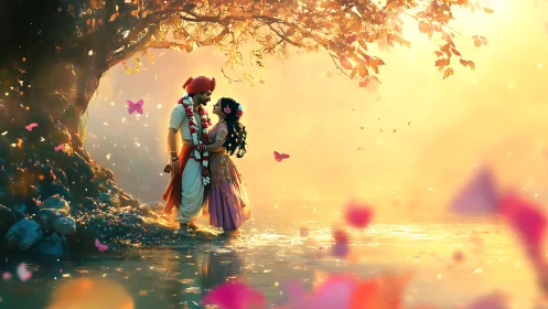 Two figures in autumn landscape with golden light and butterflies.