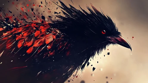 Explosive raven portrait dissolves into crimson feathers.