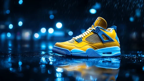 Yellow athletic sneaker is positioned on wet reflective street