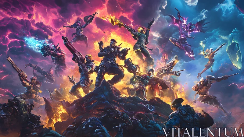 Stormlit gunfighters clash in a neon-charged cosmic uprising.