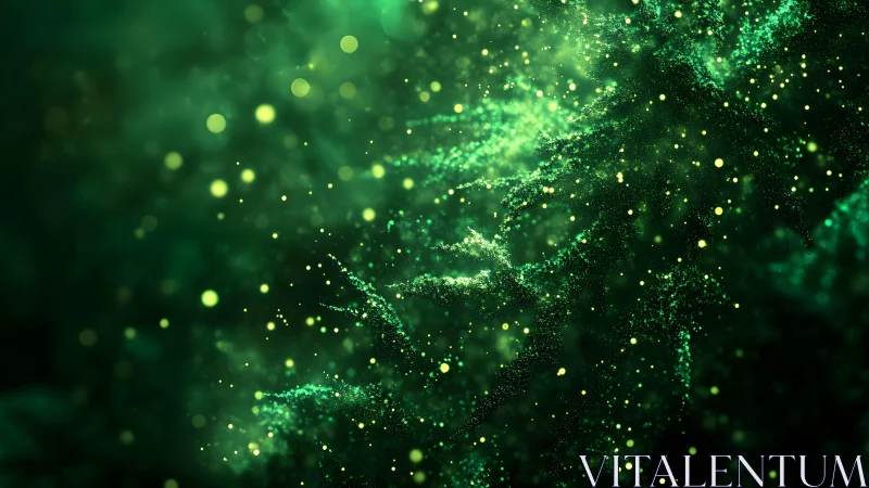 Abstract green particle swirl in digital fractal style background.