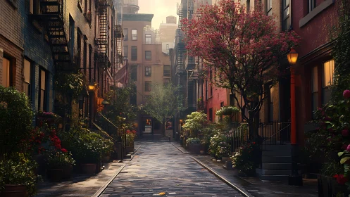 Narrow residential street is bordered by trees and brick facades