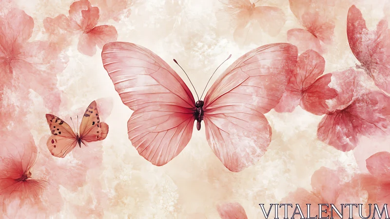 Soft pink butterflies drift among ethereal watercolor blooms.