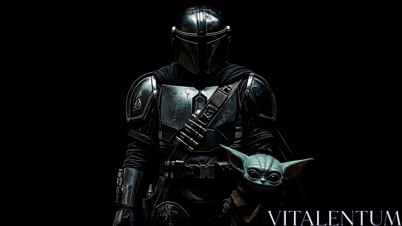 Steel-clad wanderer stands guard beside luminous child