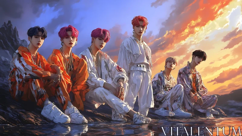 K-pop inspired boy band poses under vivid sunset sky.