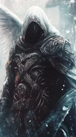 Shrouded angelic reaper strides from the blizzard’s pale hush