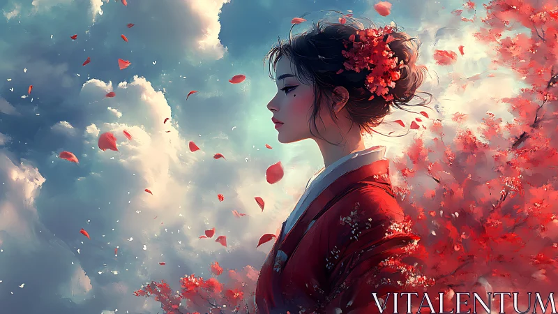 Profile portrait in crimson kimono amid drifting petals.