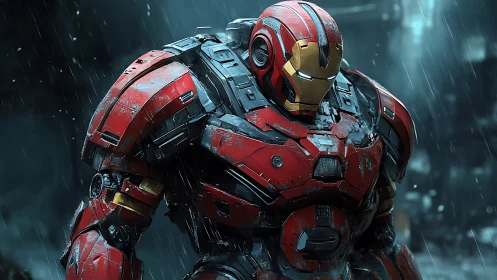 Rain-soaked red power armor in moody cinematic battle scene.
