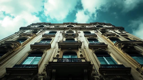 Ornate historic facade rises dramatically into teal skies