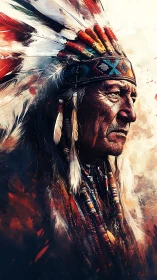 Elder leader portrait with feathered headdress in firelight.