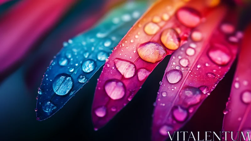 Macro water droplets coat vivid multicolor flower petals