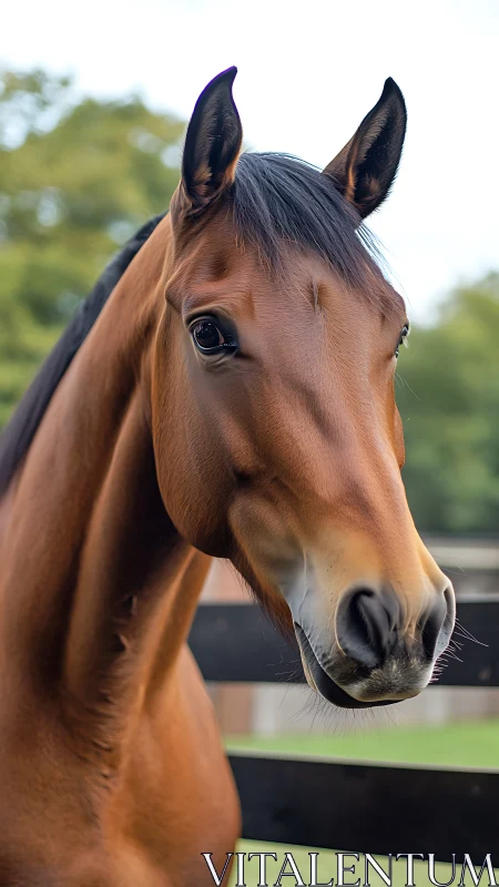 Velvet-nosed bay horse posing softly by the paddock rail.