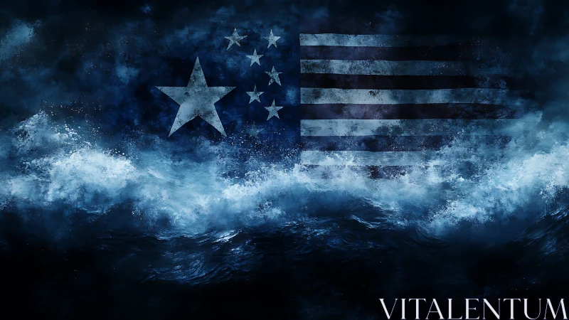 Storm-tossed ocean overlays distressed flag in moody digital art