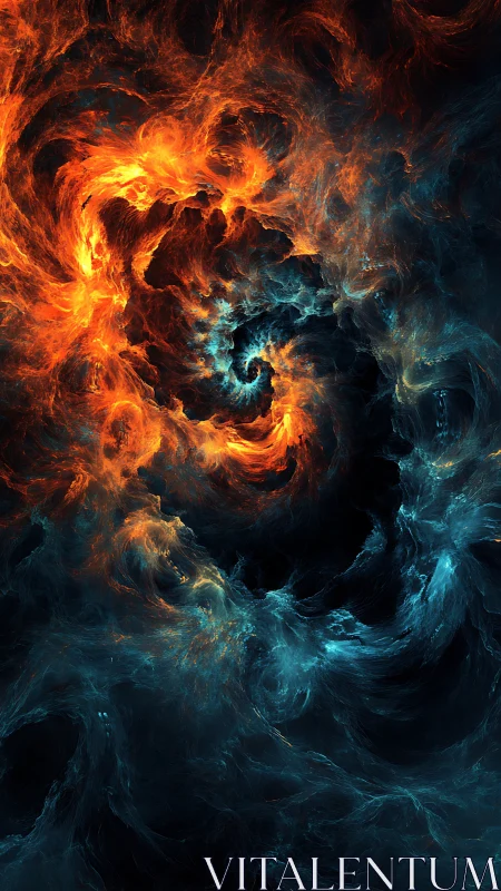 Fractal spiral depicts interlocking orange and blue energy flows