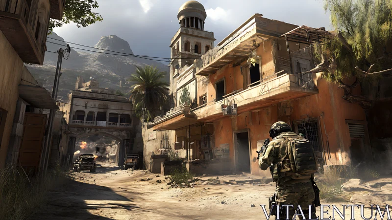 Soldier moving through a dusty war torn desert street.