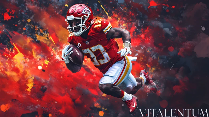 Dynamic football runner explodes through red abstract field