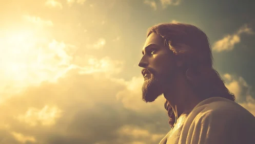 Serene bearded figure gazes toward radiant golden sunrise